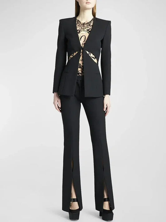 Women Pant Suit - Collarless Blazer - Slit Trouser Suit -Guocali
