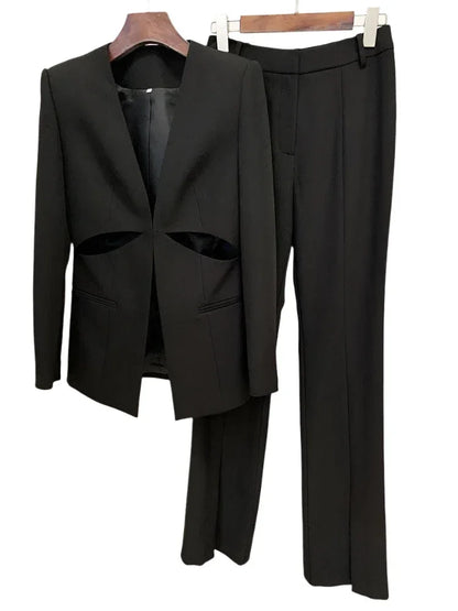Women Pant Suit - Collarless Blazer - Slit Trouser Suit -Guocali