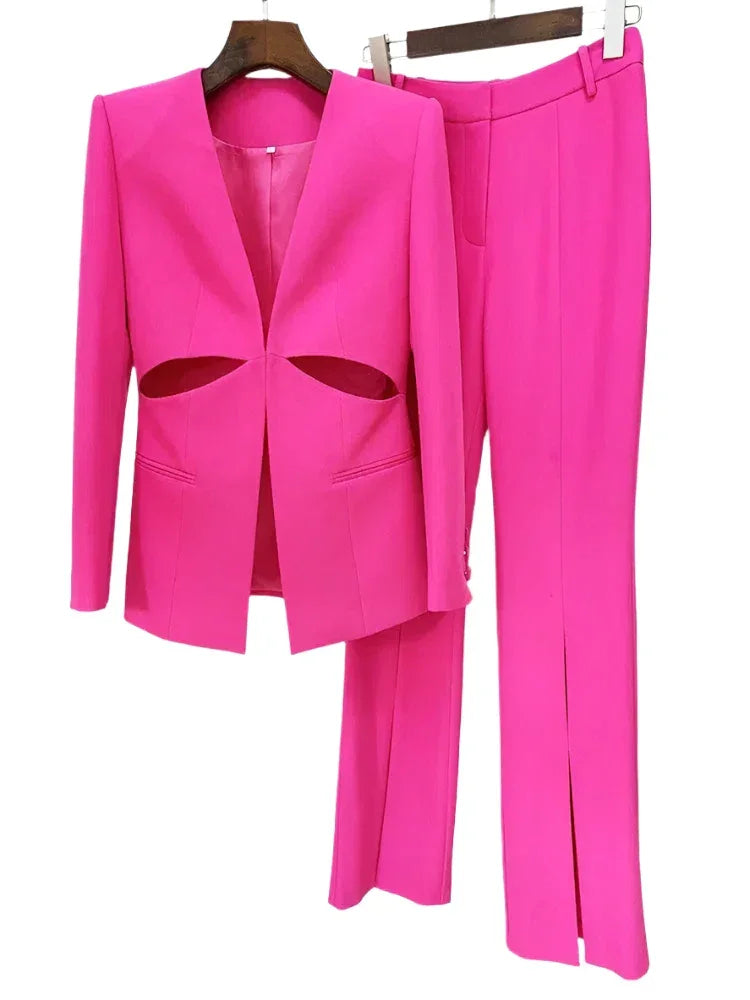 Women Pant Suit - Collarless Blazer - Slit Trouser Suit -Guocali