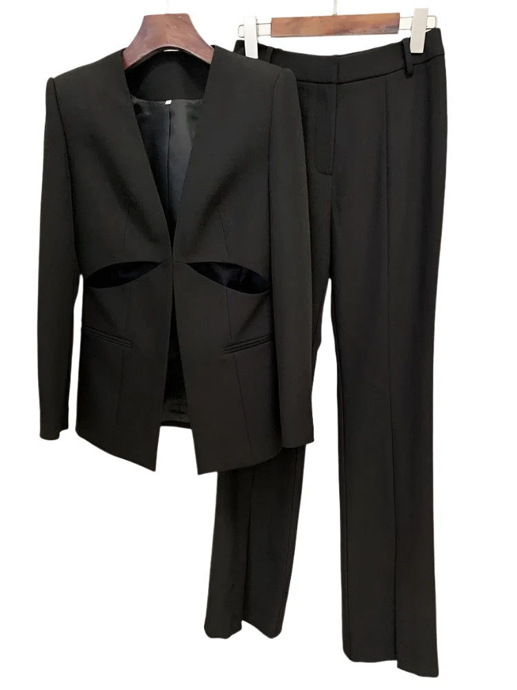 Women Pant Suit - Collarless Blazer - Slit Trouser Suit - Pantsuit - Guocali