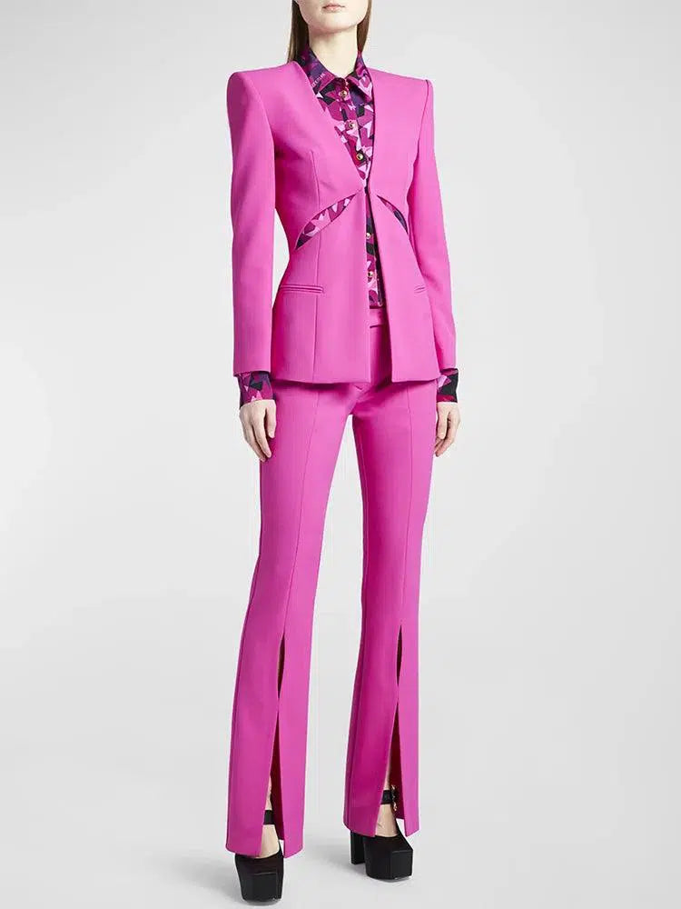 Women Pant Suit - Collarless Blazer - Slit Trouser Suit - Pantsuit - Guocali