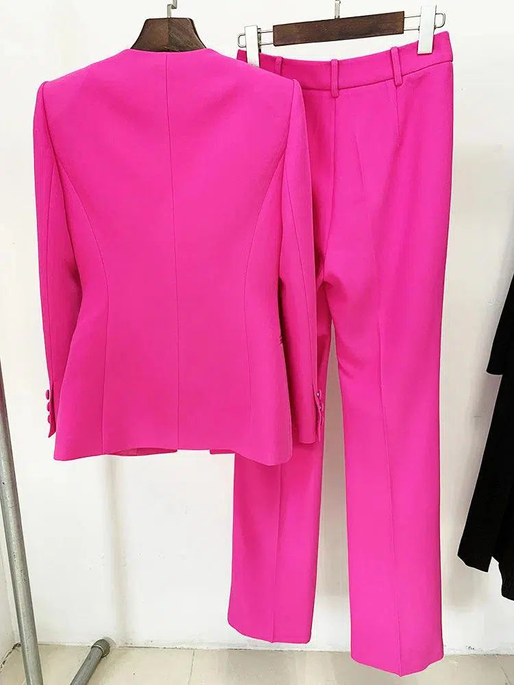 Women Pant Suit - Collarless Blazer - Slit Trouser Suit - Pantsuit - Guocali