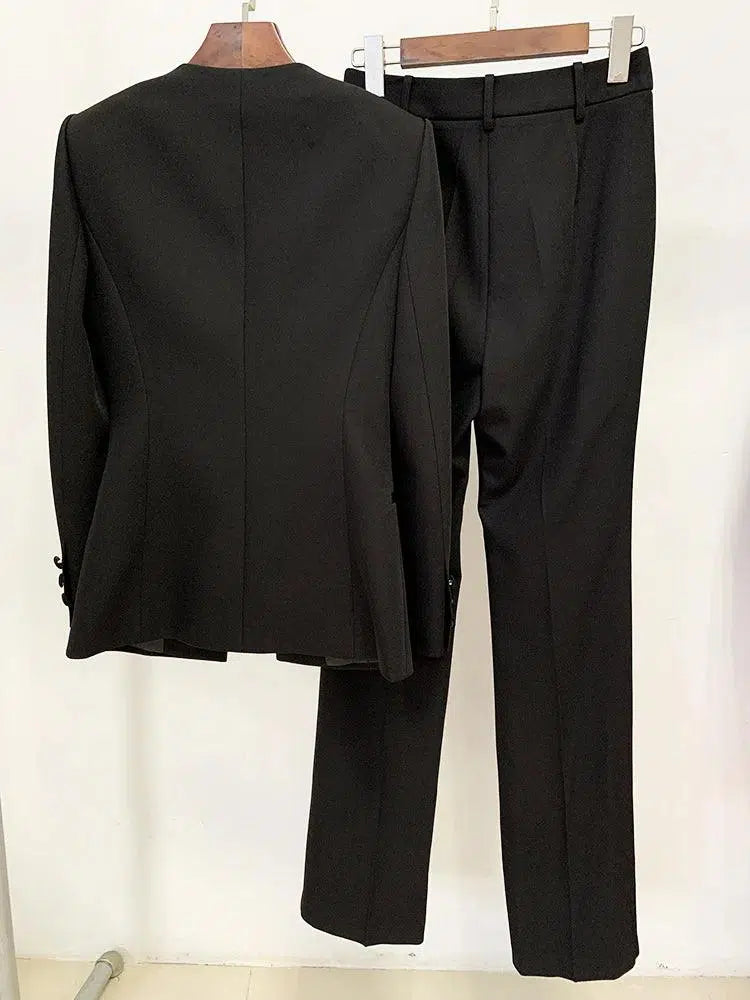 Women Pant Suit - Collarless Blazer - Slit Trouser Suit - Pantsuit - Guocali