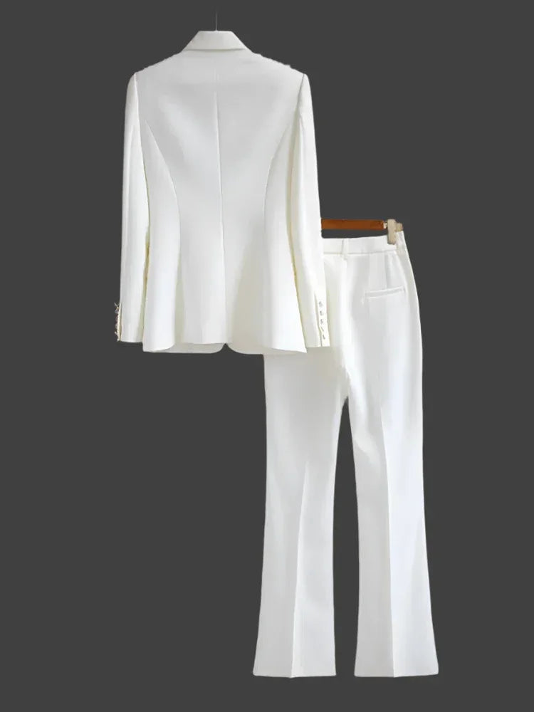 Women Pant Suit - Diamonds Beaded Blazer, Flare Trousers -Guocali