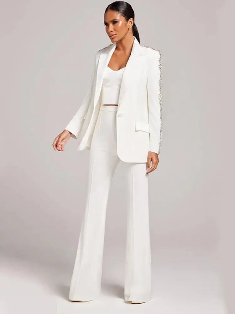 Women Pant Suit - Diamonds Beaded Blazer, Flare Trousers -Guocali