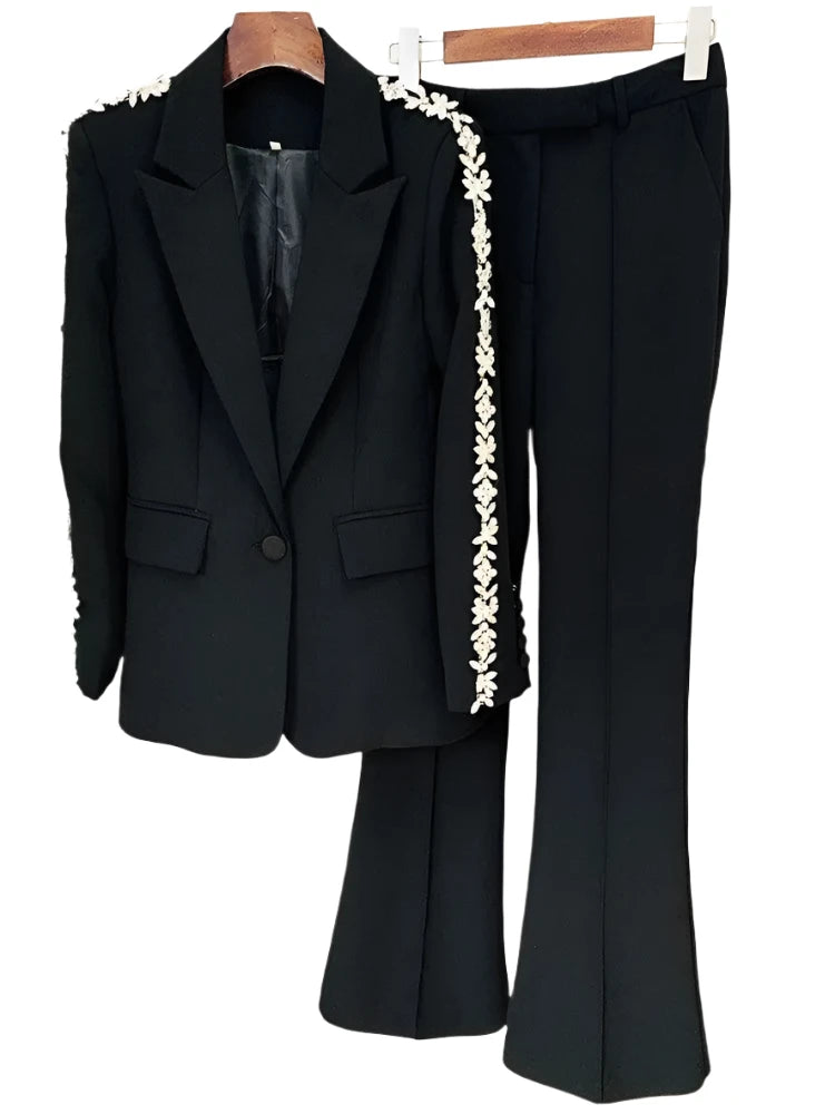 Women Pant Suit - Diamonds Beaded Blazer, Flare Trousers - Pantsuit - Guocali