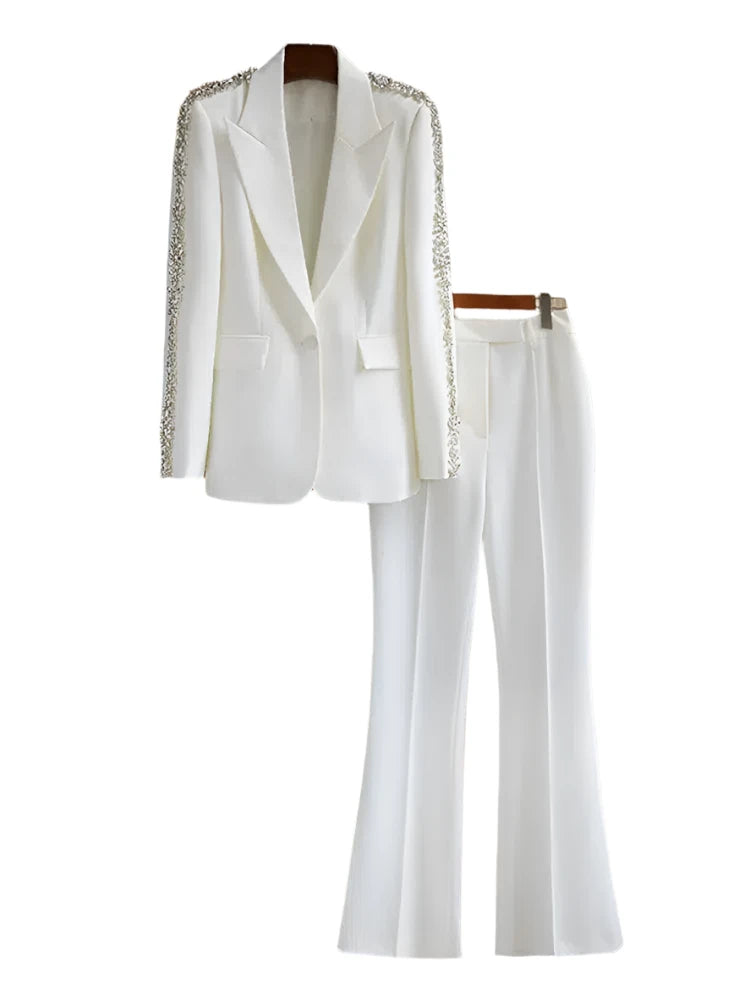 Women Pant Suit - Diamonds Beaded Blazer, Flare Trousers - Pantsuit - Guocali