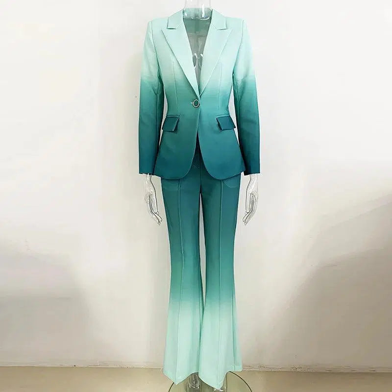 Women Pant Suit - Gradient Color, Flare Pants Trouser Suit - Pantsuit - Guocali