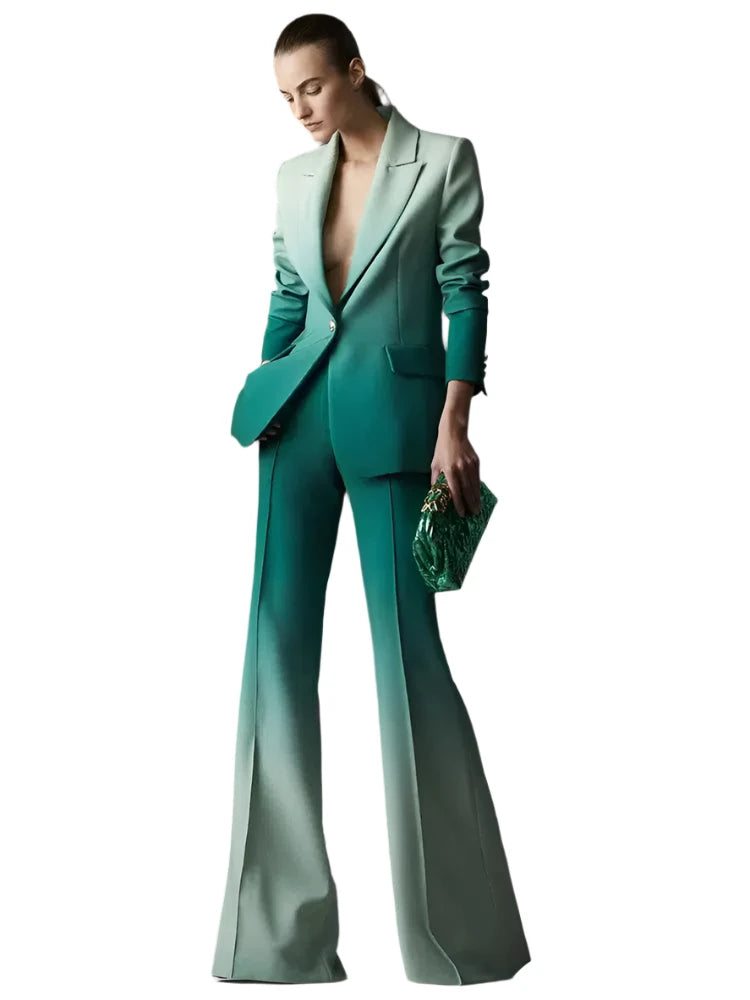 Women Pant Suit - Gradient Color, Flare Pants Trouser Suit - Pantsuit - Guocali