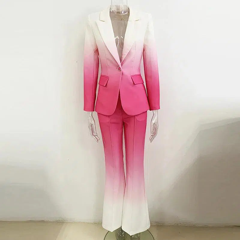 Women Pant Suit - Gradient Color, Flare Pants Trouser Suit - Pantsuit - Guocali