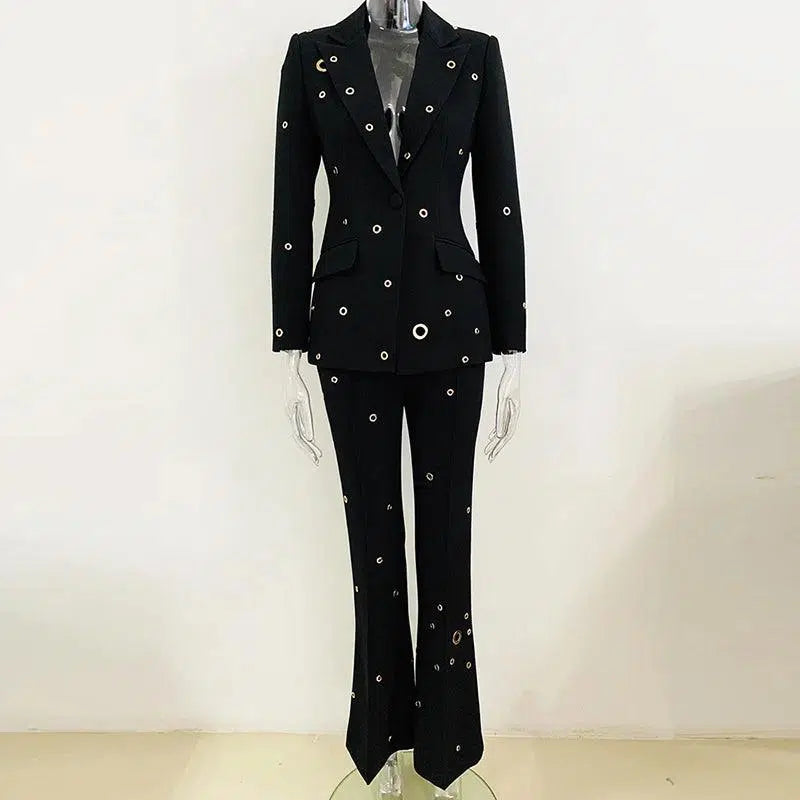 Women Pant Suit - Grommet Lapel Blazer Trouser Suit - Pantsuit - Guocali