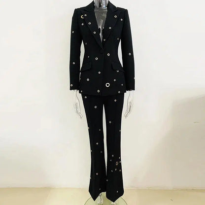 Women Pant Suit - Grommet Lapel Blazer Trouser Suit - Pantsuit - Guocali
