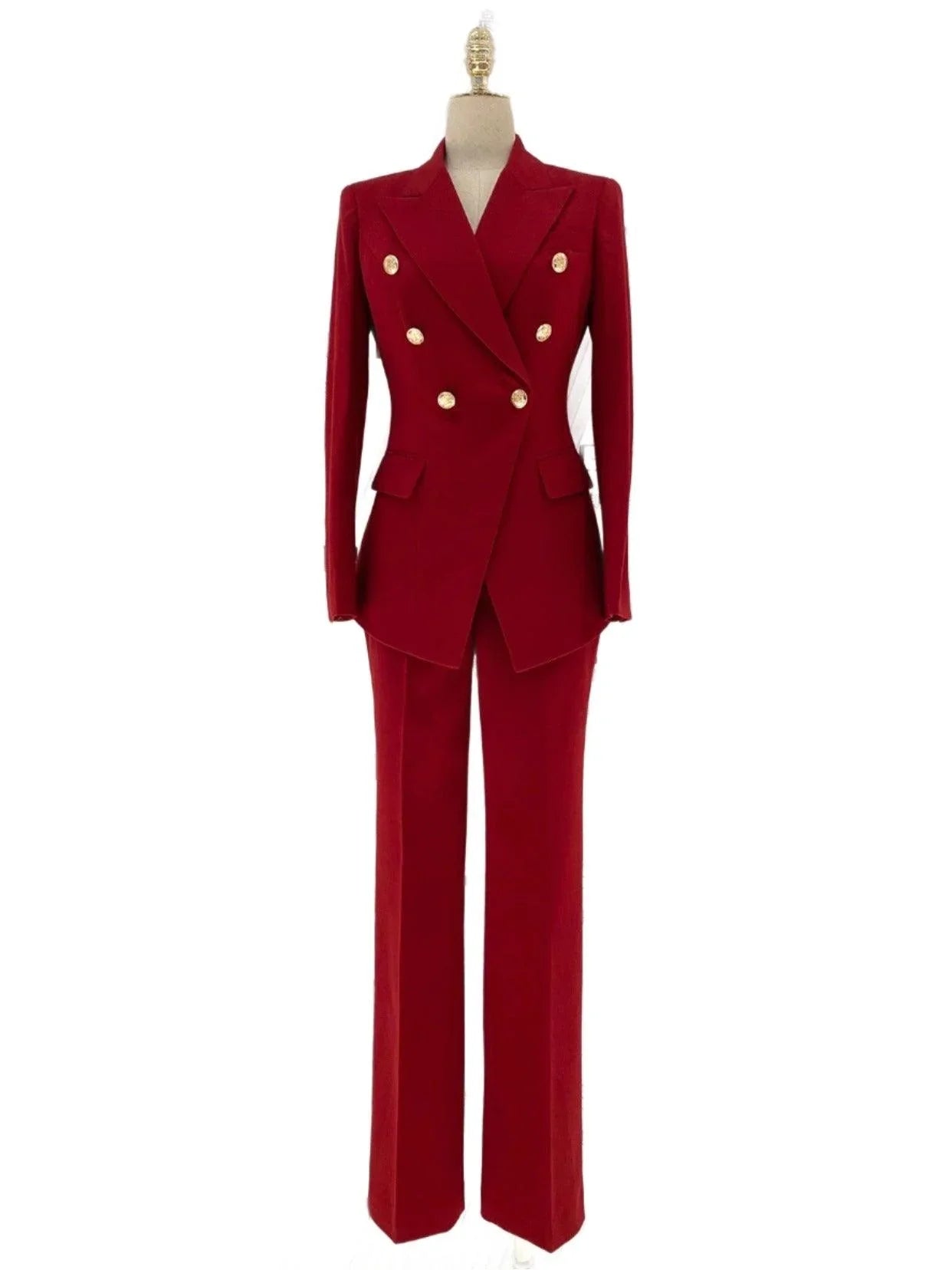 Women Pant Suit, Red Slim Fit Double Breasted Formal Pantsuit -Guocali