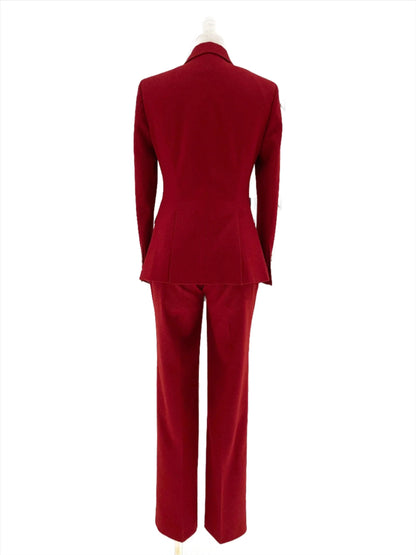 Women Pant Suit, Red Slim Fit Double Breasted Formal Pantsuit -Guocali