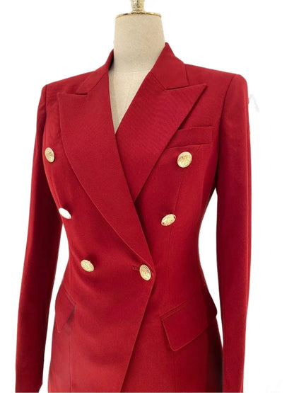 Women Pant Suit, Red Slim Fit Double Breasted Formal Pantsuit -Guocali