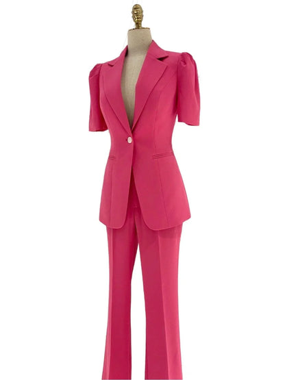 Women Pant Suit - Rose Red One-button Trouser Suit -Guocali