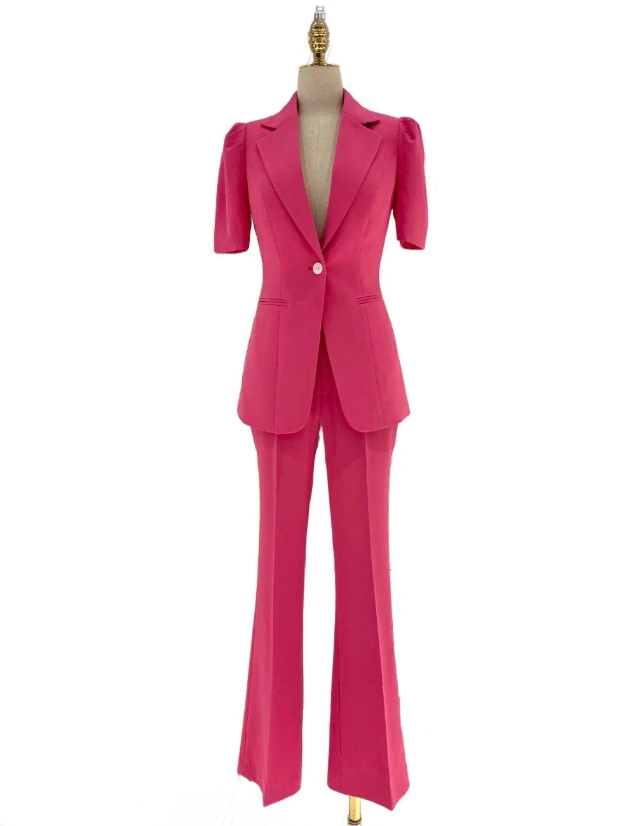 Women Pant Suit - Rose Red One-button Trouser Suit -Guocali