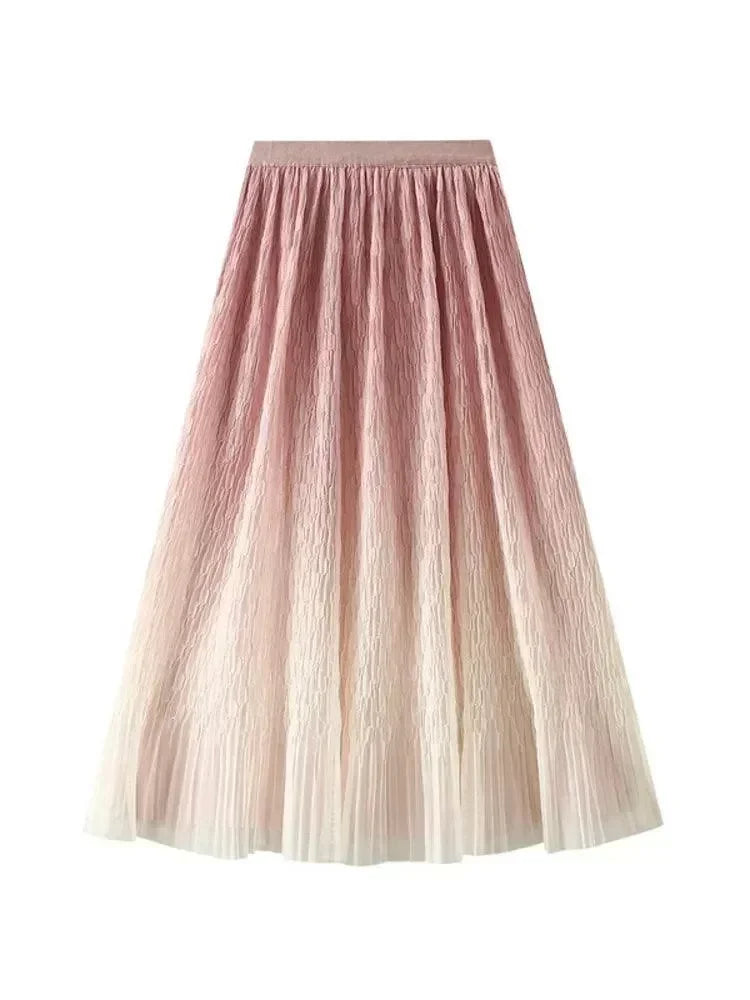 Women Pleated Skirt Gradient Mesh - Midi Women Skirt