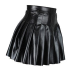 Women Pleated Skirt Leather Flared Mini - High Waist Women Skirt
