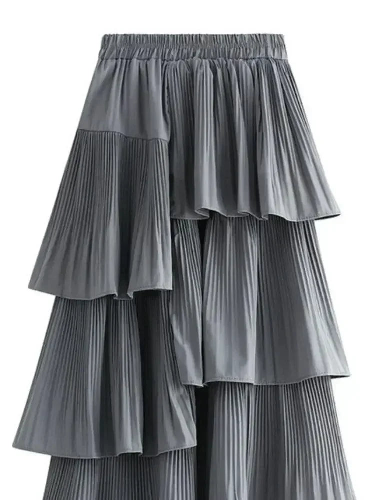 Women Pleated Skirt Ruffled Asymmetric - High Waist Midi Women Skirt
