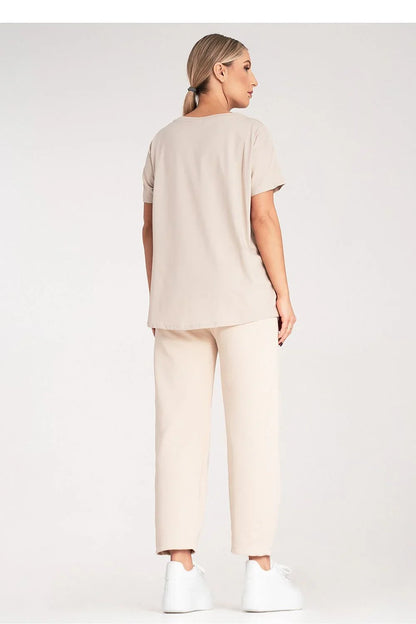 Women Round-Neck Short-Sleeves T-Shirt – Stretchable - Beige -Guocali