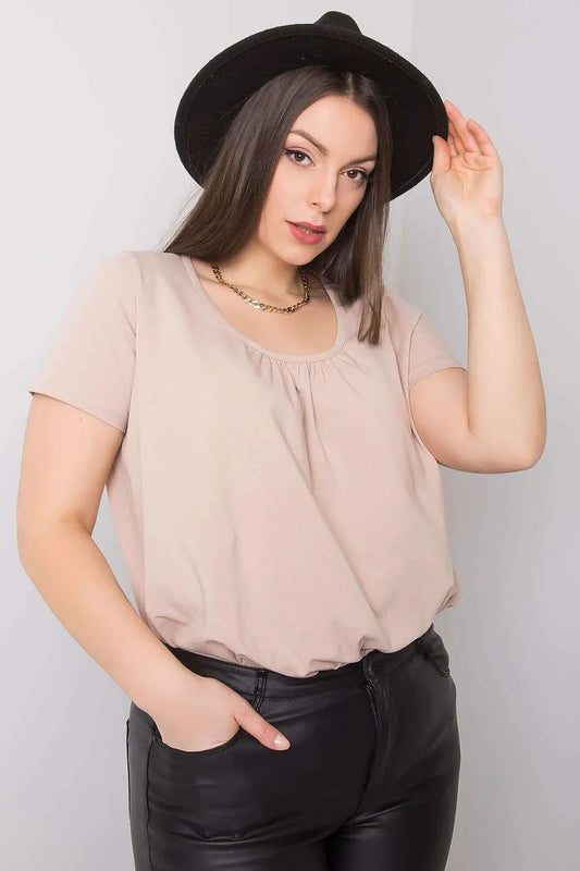 Women Round-Neck Short-Sleeves T-Shirt – Stretchable - Beige -Guocali