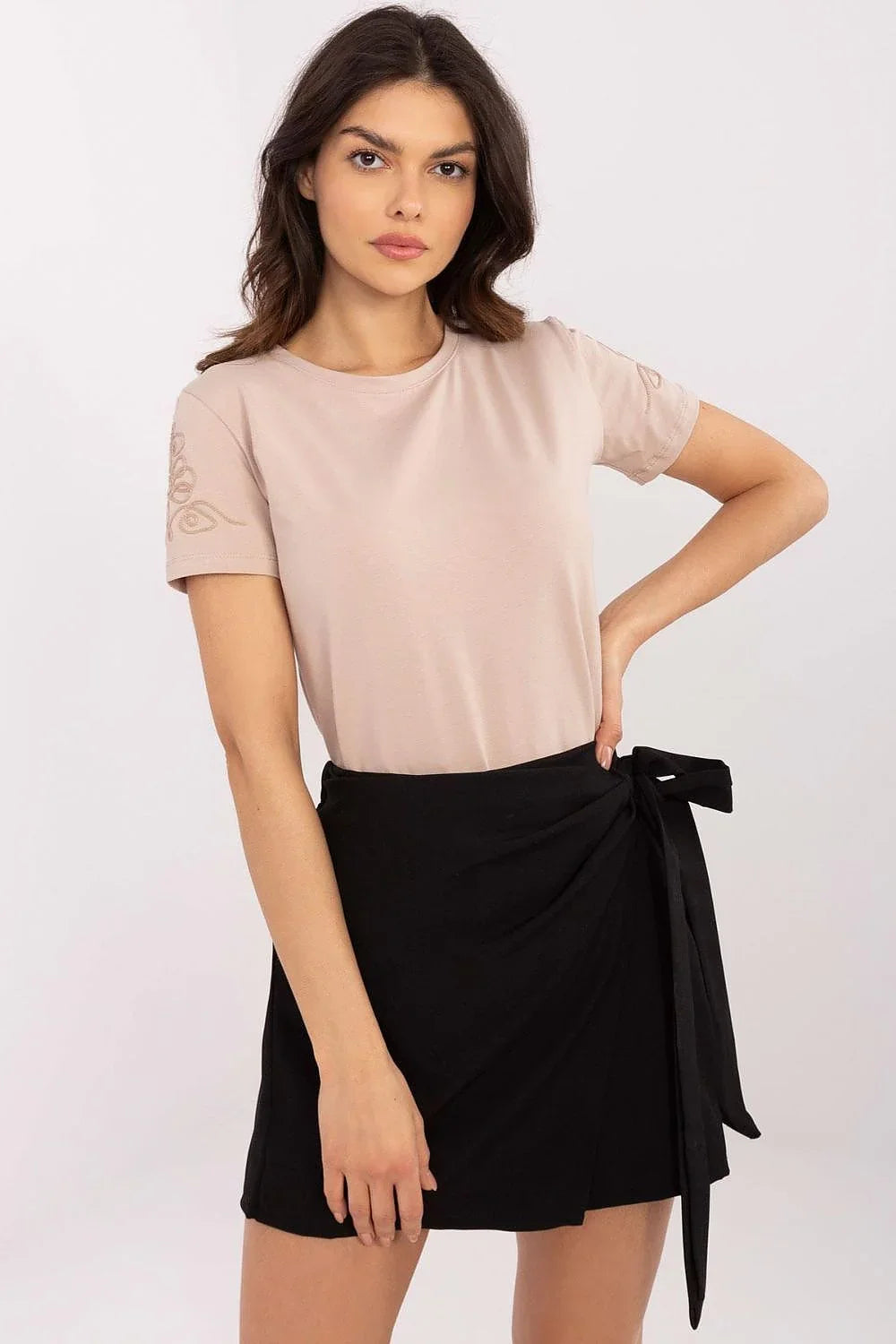 Women Round-Neck Short-Sleeves T-Shirt – Stretchable - Beige -Guocali