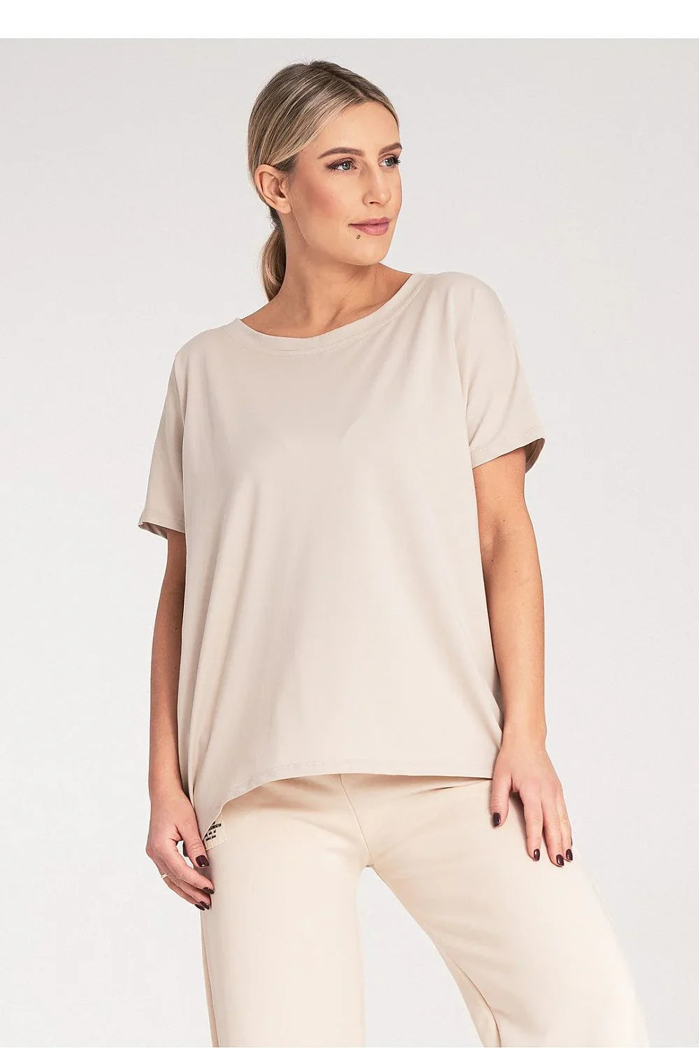 Women Round-Neck Short-Sleeves T-Shirt – Stretchable - Beige -Guocali