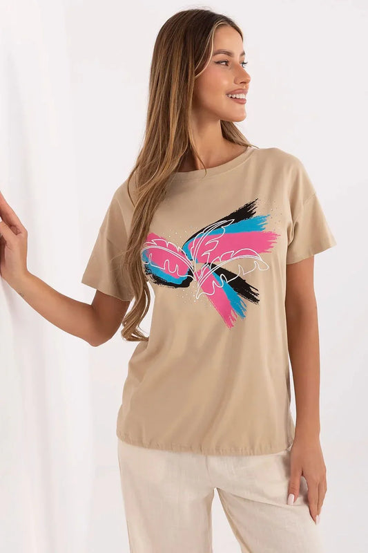 Women Round-Neck Short-Sleeves T-Shirt – Stretchable - Beige, Pink, Blue, Black, White -Guocali