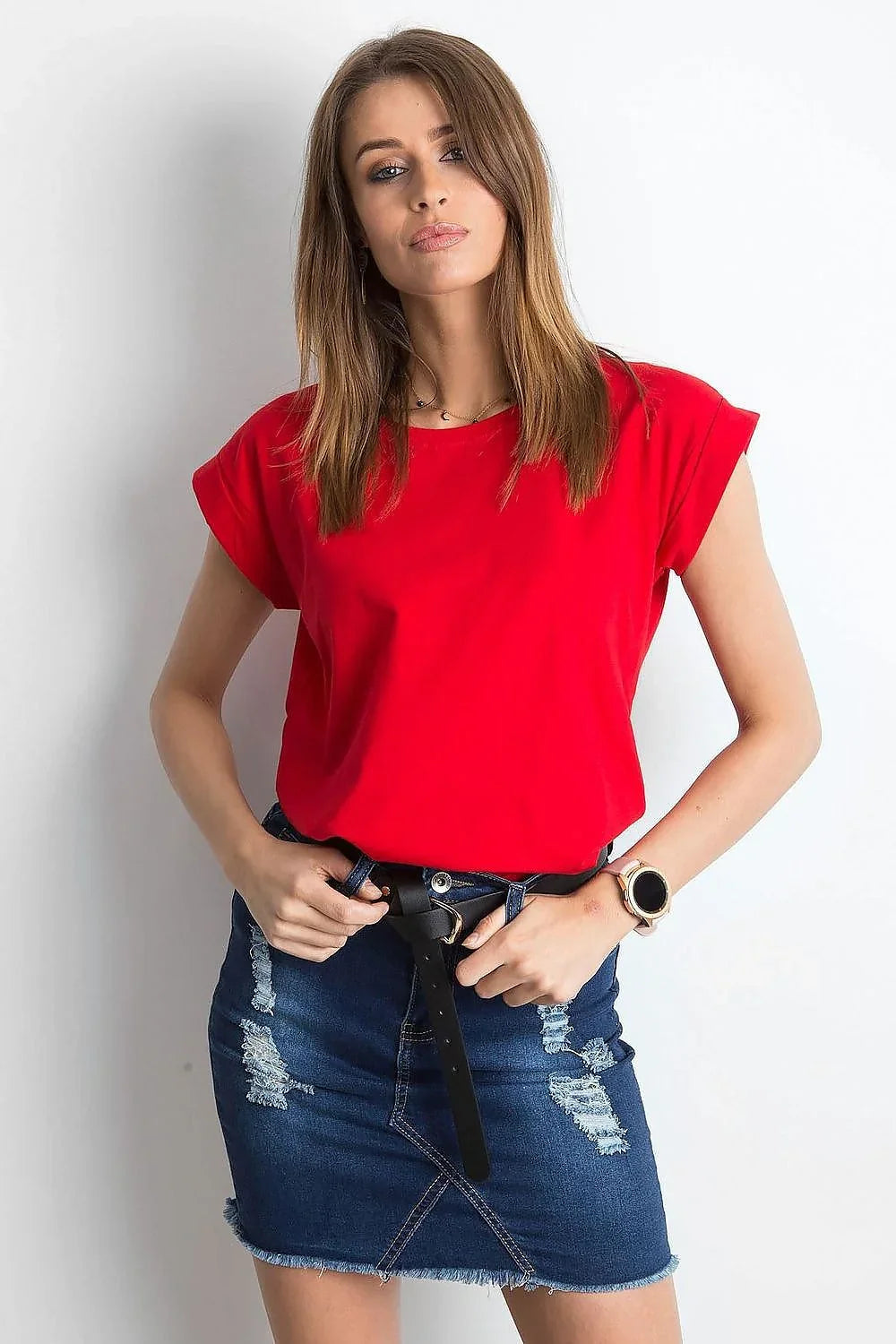 Women Round-Neck Short-Sleeves T-Shirt – Stretchable - Red -Guocali