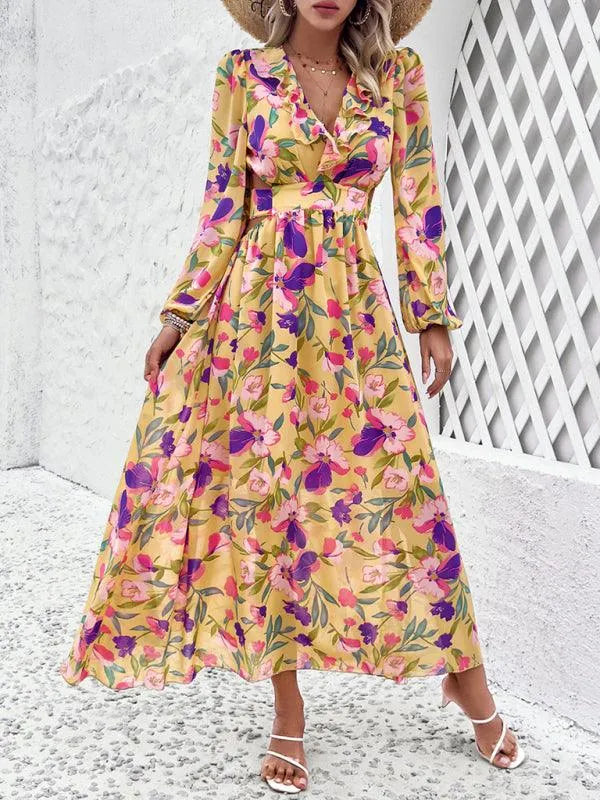 Women Ruffled Waist Printed Summer Dress -Guocali