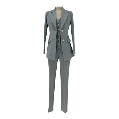 Women's elegant grey trouser suit set with blazer, vest, and pants on a mannequin