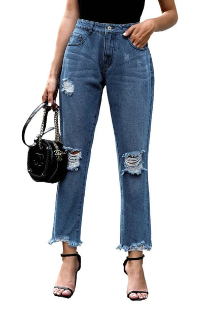 Edgy Women Jeans – High-Waist Raw Hem
