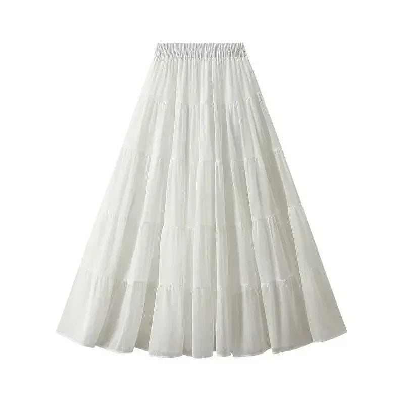 Women's High Waist Pleated Skirt - Elegant Midi Patchwork Mesh Skirt