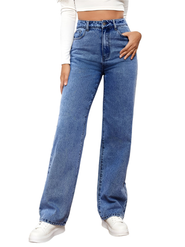 Women's High Waist Washed Straight Leg Jeans - Straight Leg Jeans - Guocali