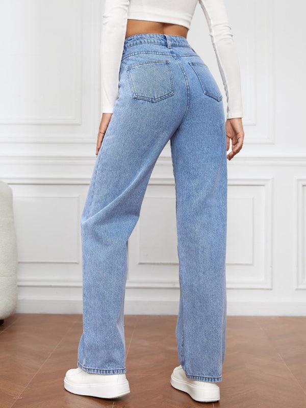 Women's High Waist Washed Straight Leg Jeans - Straight Leg Jeans - Guocali