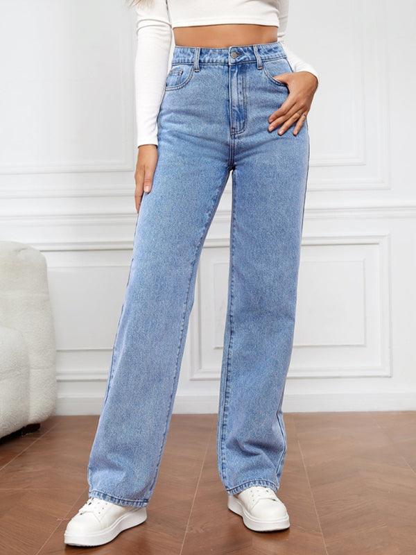 Women's High Waist Washed Straight Leg Jeans - Straight Leg Jeans - Guocali