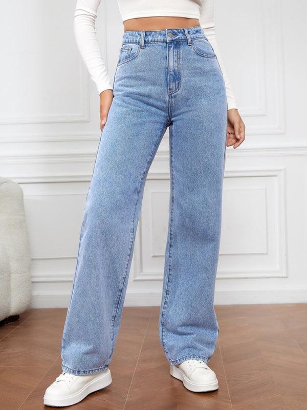 Women's High Waist Washed Straight Leg Jeans - Straight Leg Jeans - Guocali