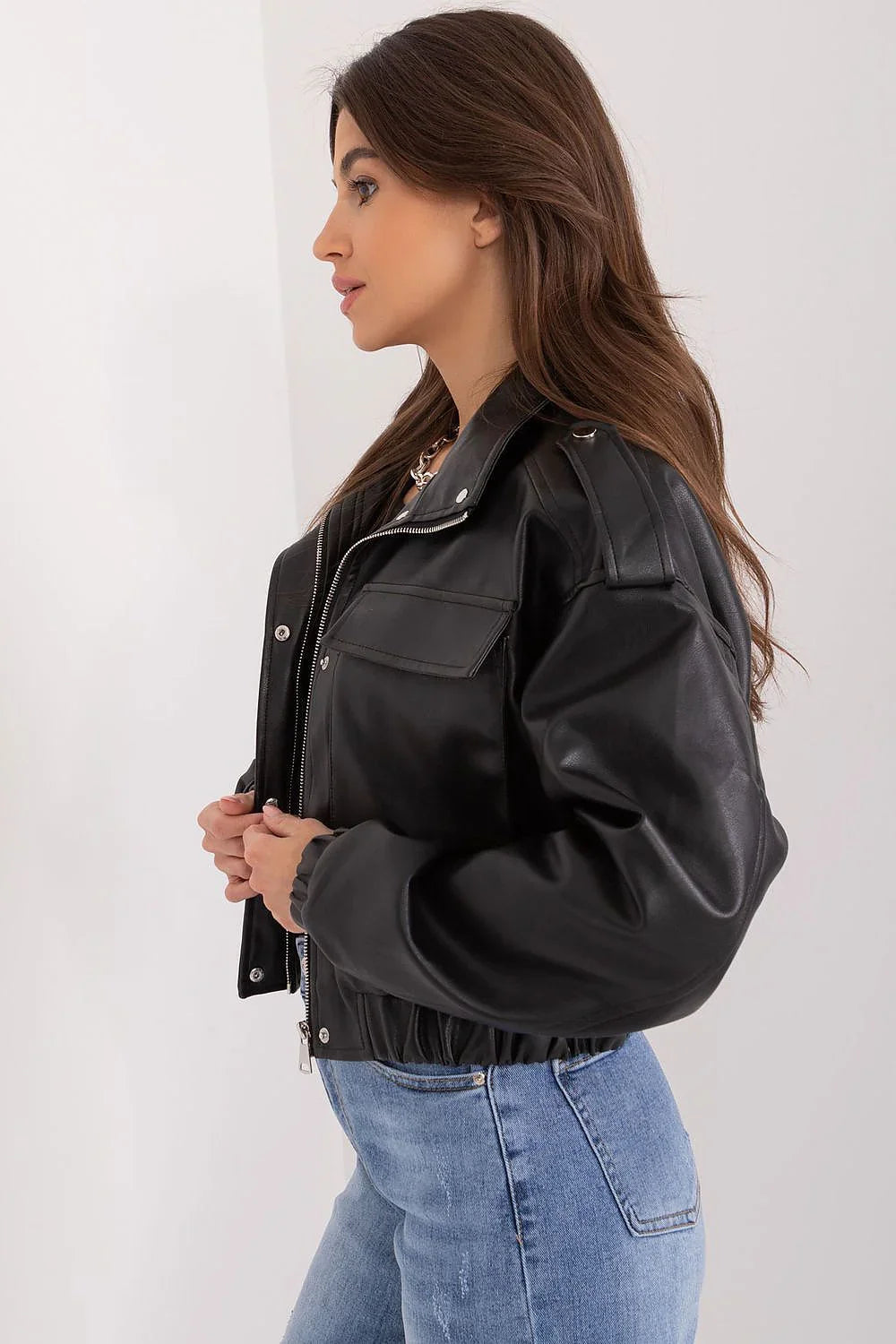 Women's Leather Jacket - With Pockets Chic Casual - Black
