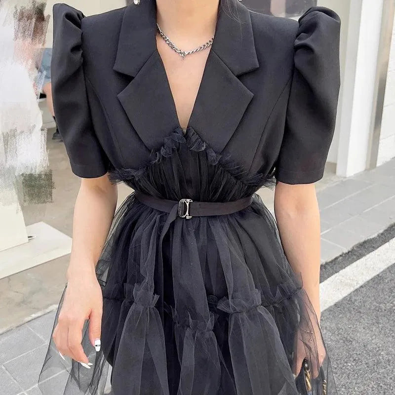 Women’s Notched Puff Sleeve Mesh Dress – Elegant Summer Outfit -Guocali