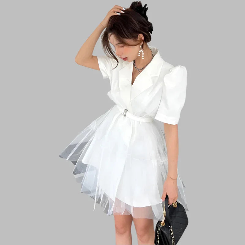 Women’s Notched Puff Sleeve Mesh Dress – Elegant Summer Outfit -Guocali