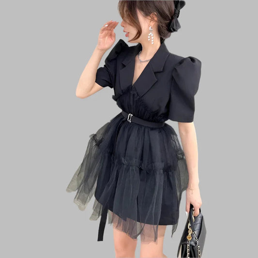 Women’s Notched Puff Sleeve Mesh Dress – Elegant Summer Outfit -Guocali