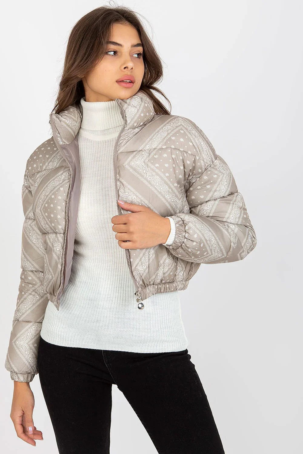 Women's Puffer Jacket, Cropped Jacket - Lightweight Chic, Casual - Beige