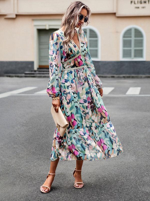 Resort V-Neck Long-Sleeved Dress