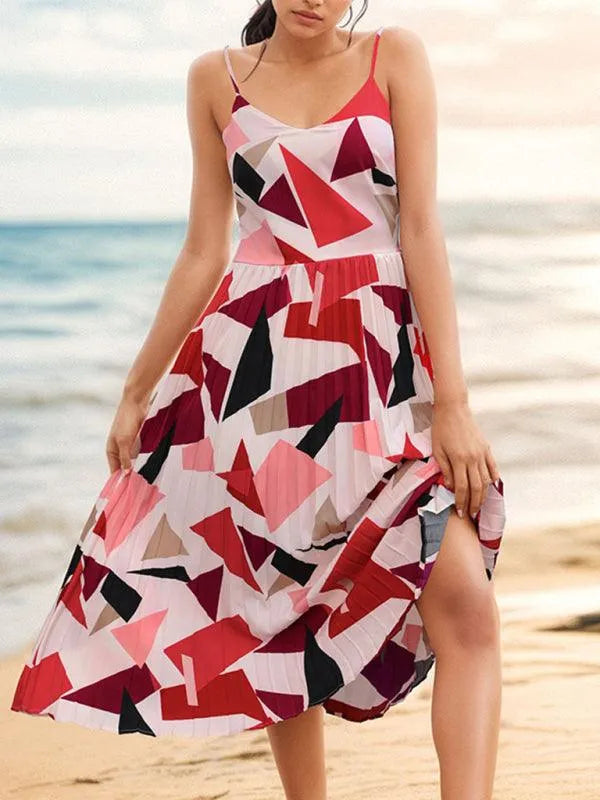 Women's Sling Geometric Print A-Line Midi Dress -Guocali