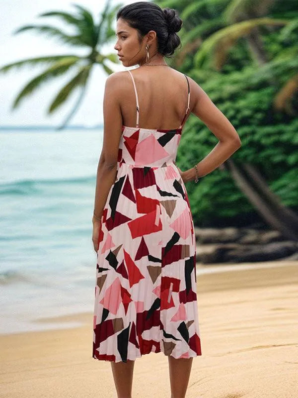 Women's Sling Geometric Print A-Line Midi Dress -Guocali