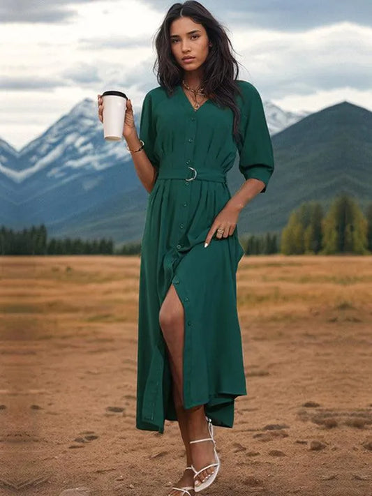 Women's V-Neck Green Dress With Belt -Guocali