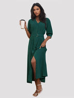 Women's V-Neck Green Dress With Belt -Guocali