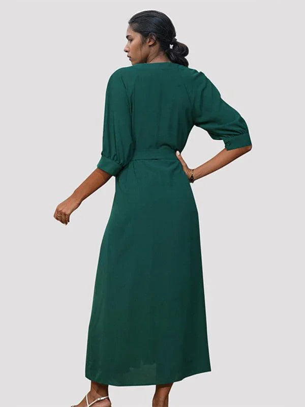 Women's V-Neck Green Dress With Belt -Guocali