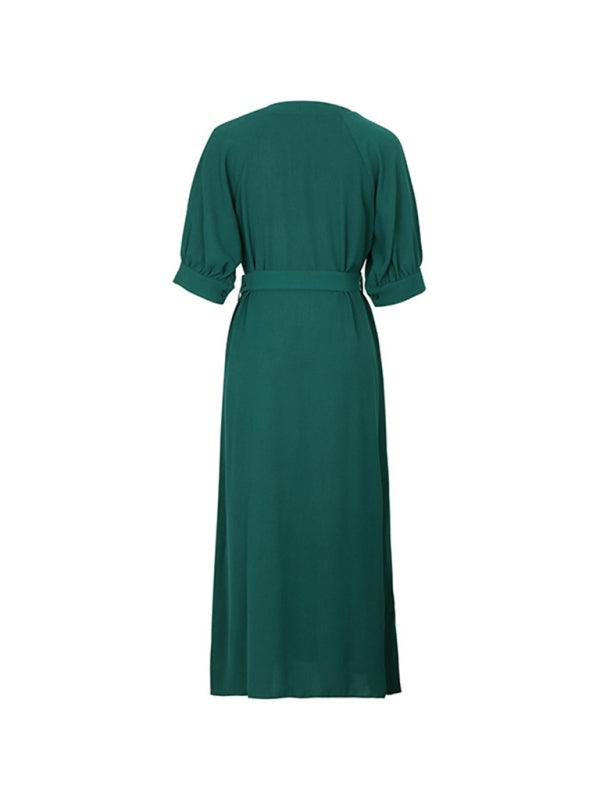 Women's V-Neck Green Dress With Belt - Long Dress - Guocali